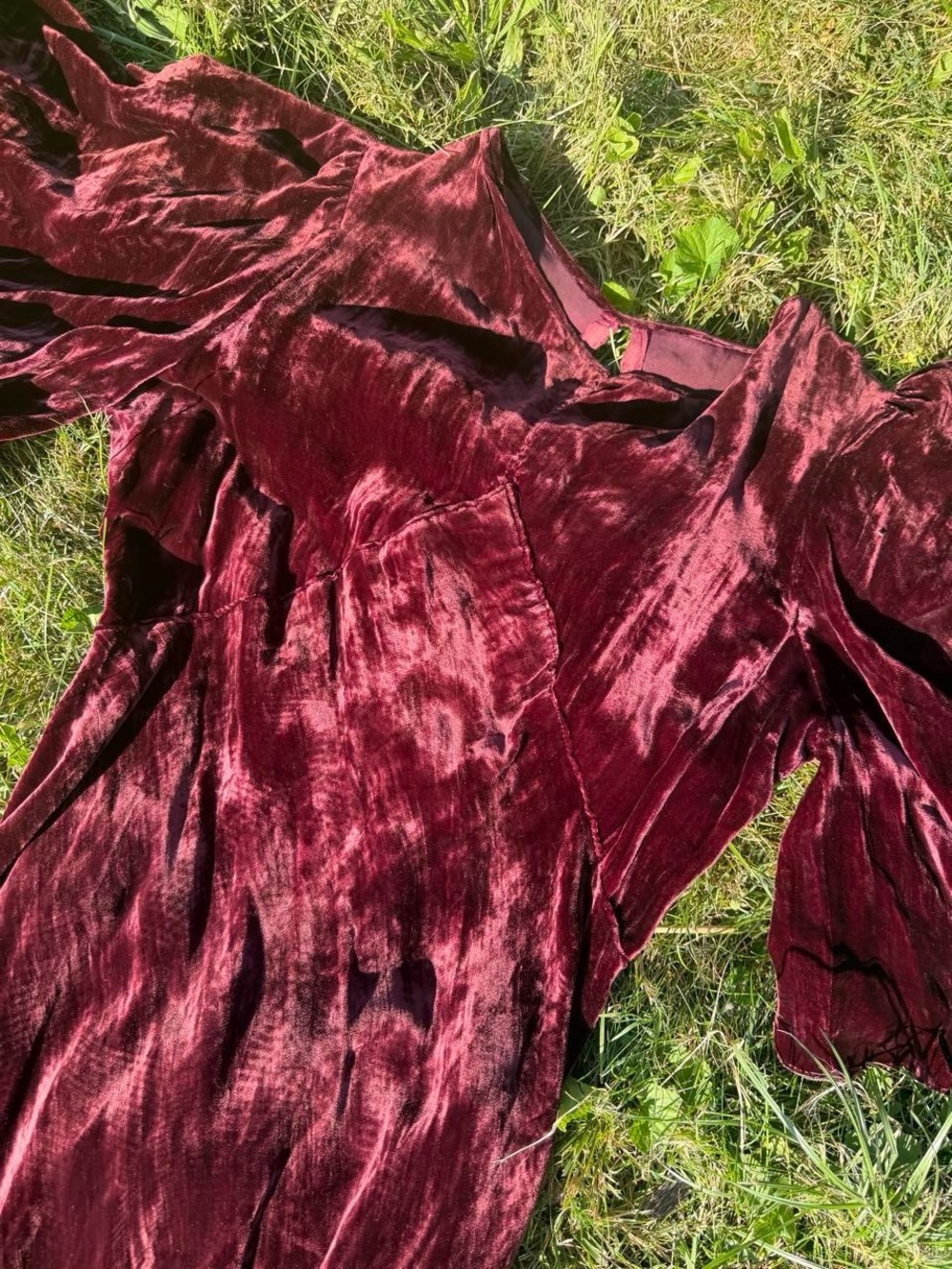 SOLD 30s VINTAGE Textured Velvet Burgundy Maxi Dress with Flutter Sleeves - Picture 2 of 8